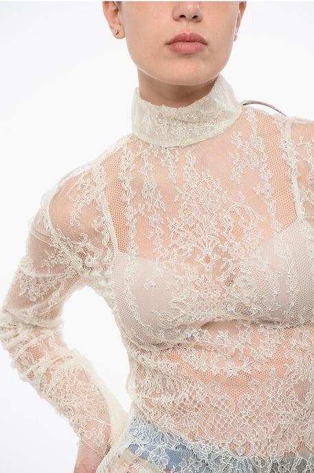 Long Sleeved See-Through Lace Top with Zip Closure in White - Image 3