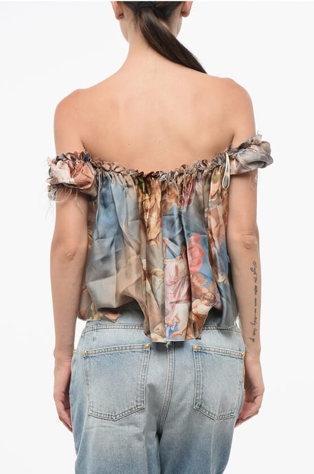 Printed Silk Off-Shoulder Top in Multicolor - Image 2