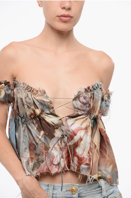 Printed Silk Off-Shoulder Top in Multicolor - Image 3