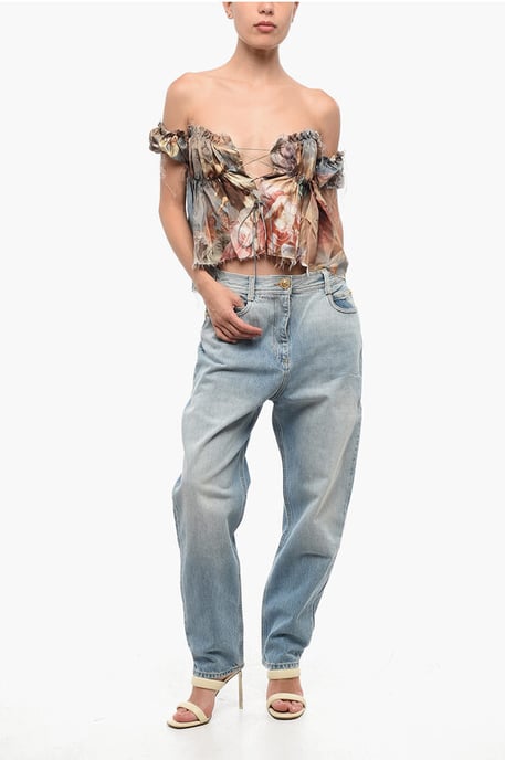 Printed Silk Off-Shoulder Top in Multicolor - Image 4