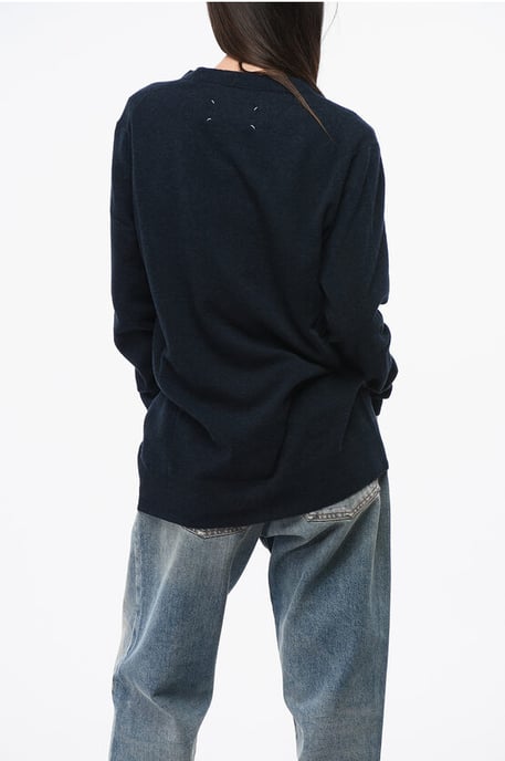Solid Color Wool And Nylon V-Neck Cardigan in Blue - Image 2