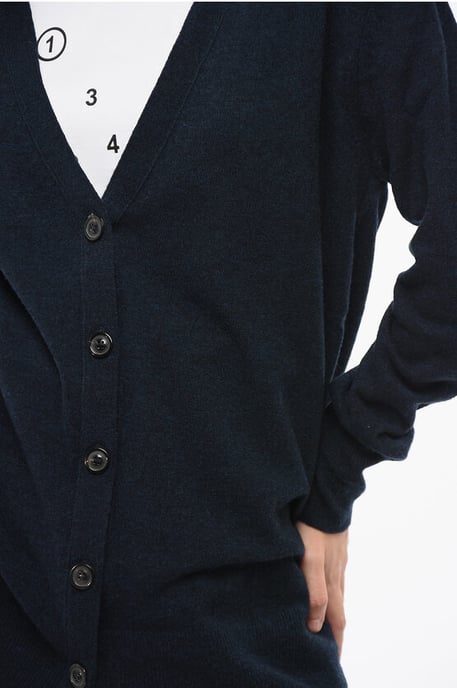 Solid Color Wool And Nylon V-Neck Cardigan in Blue - Image 3