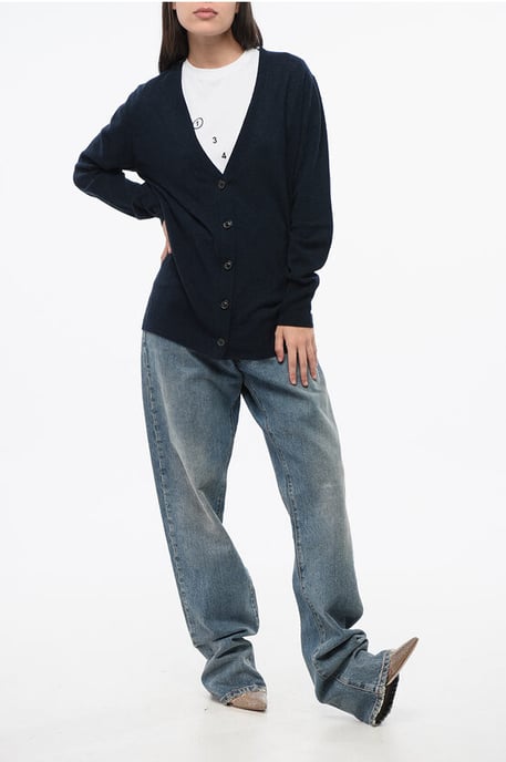 Solid Color Wool And Nylon V-Neck Cardigan in Blue - Image 4