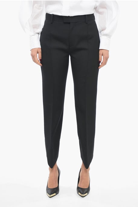 Wool Front-pleated Pants with Curved Design in Black - Image 1