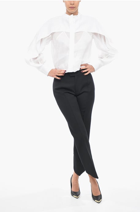 Wool Front-pleated Pants with Curved Design in Black - Image 4