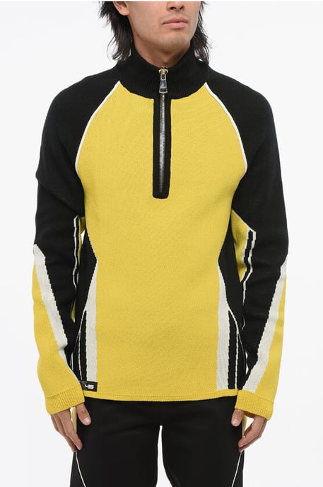Wool Blend Color Block Sweater with Half Zip in Giallo, Bianco e Nero - Image 1