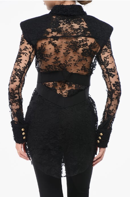 Lace Shirt with Padded Shoulders in Black - Image 2