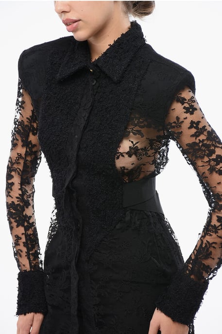 Lace Shirt with Padded Shoulders in Black - Image 3