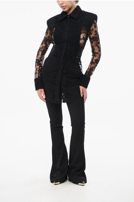 Lace Shirt with Padded Shoulders in Black - Image 4