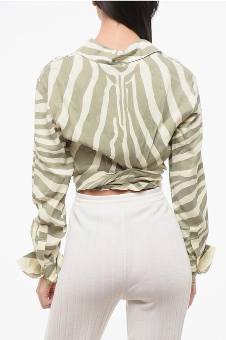 Animal Patterned Cropped Shirt with Knotting Detail in Beige, Verde - Image 2