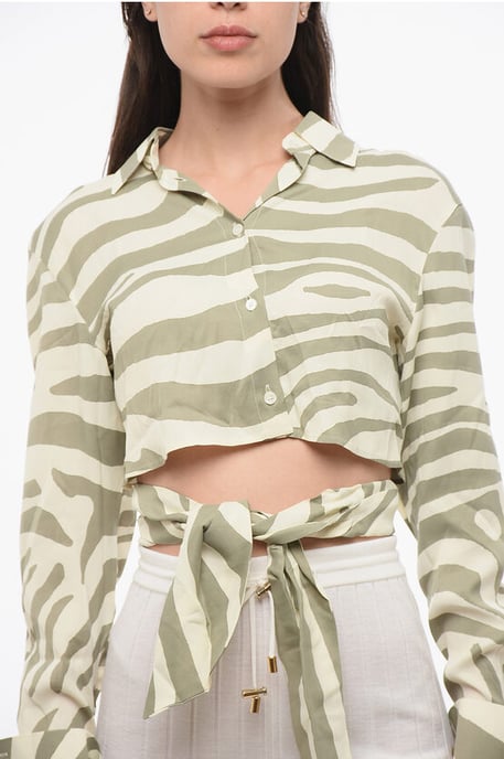 Animal Patterned Cropped Shirt with Knotting Detail in Beige, Verde - Image 3