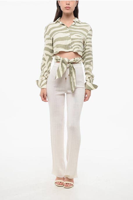 Animal Patterned Cropped Shirt with Knotting Detail in Beige, Verde - Image 4