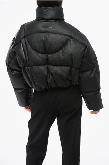 MM6 Quilted Cropped Down Jacket with Faux Leather Detail in Black - Image 2