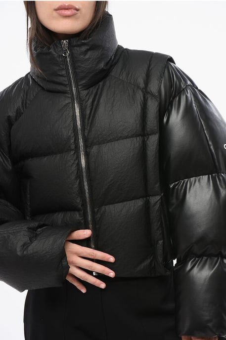MM6 Quilted Cropped Down Jacket with Faux Leather Detail in Black - Image 3