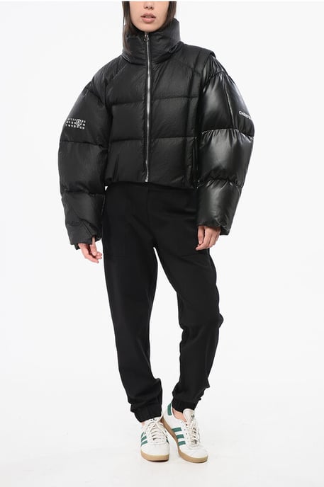 MM6 Quilted Cropped Down Jacket with Faux Leather Detail in Black - Image 4