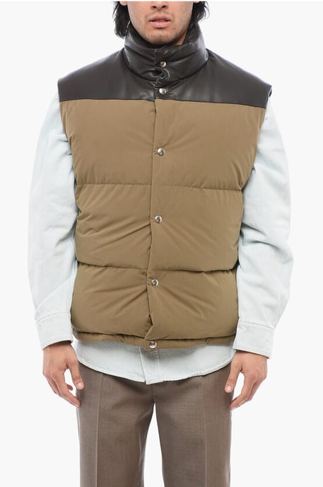 Cotton Sleeveless Down Jacket with Lambskin Detail in Brown - Image 1