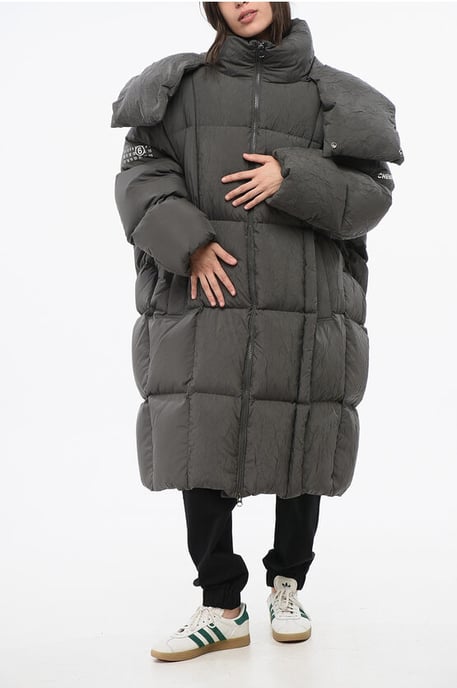 MM6 Quilted Maxi Down Jacket with Removable Hood in Gray - Image 1