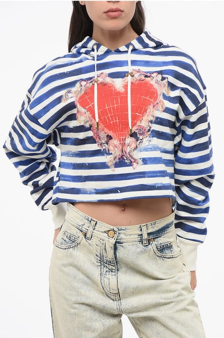 Two-Tone Striped Cropped Hoodie with Heart Print in Bianco, Blu - Image 1