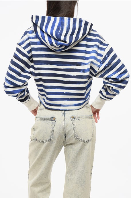 Two-Tone Striped Cropped Hoodie with Heart Print in Bianco, Blu - Image 2