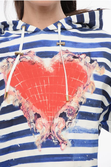 Two-Tone Striped Cropped Hoodie with Heart Print in Bianco, Blu - Image 3