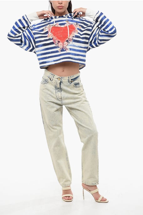 Two-Tone Striped Cropped Hoodie with Heart Print in Bianco, Blu - Image 4