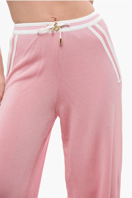 High-Waisted Casual Pants with Elastic Waistband in Pink - Image 3