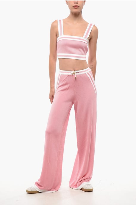 High-Waisted Casual Pants with Elastic Waistband in Pink - Image 4