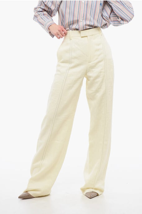 Pure Linen Pants with Embroidered Front Pince in Yellow - Image 1