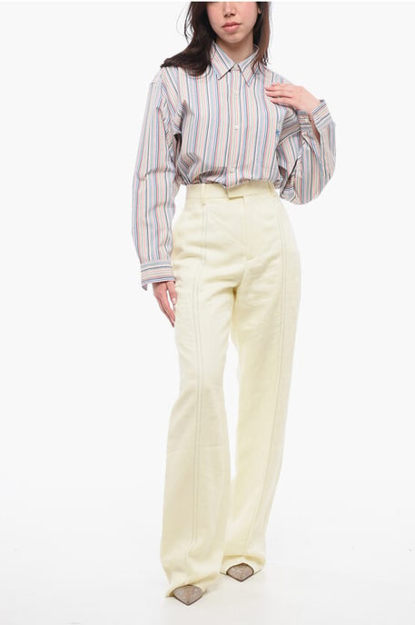 Pure Linen Pants with Embroidered Front Pince in Yellow - Image 3