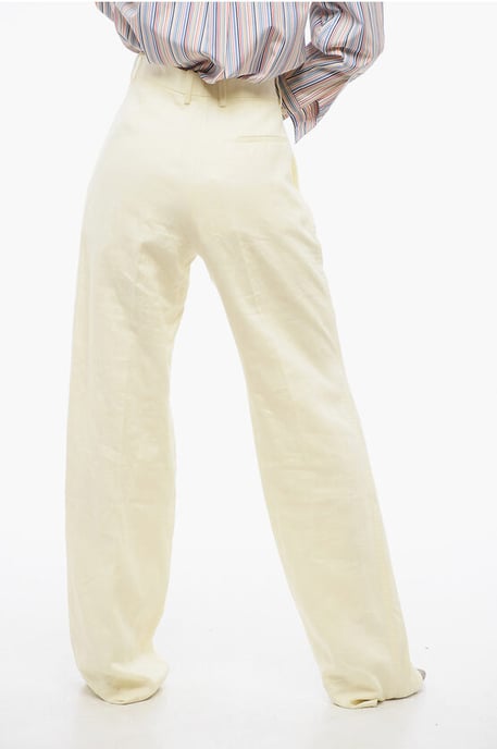 Pure Linen Pants with Embroidered Front Pince in Yellow - Image 4