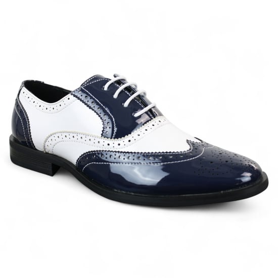 Men's Patent Lace-Up Navy White Brogues Smart Dress Shoes - Image 3