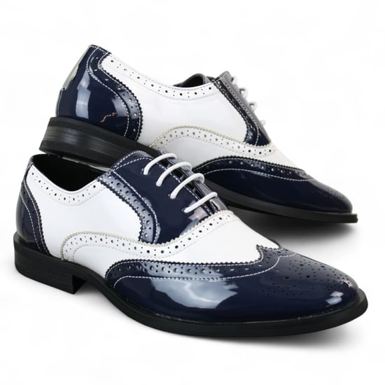 Men's Patent Lace-Up Navy White Brogues Smart Dress Shoes - Image 4