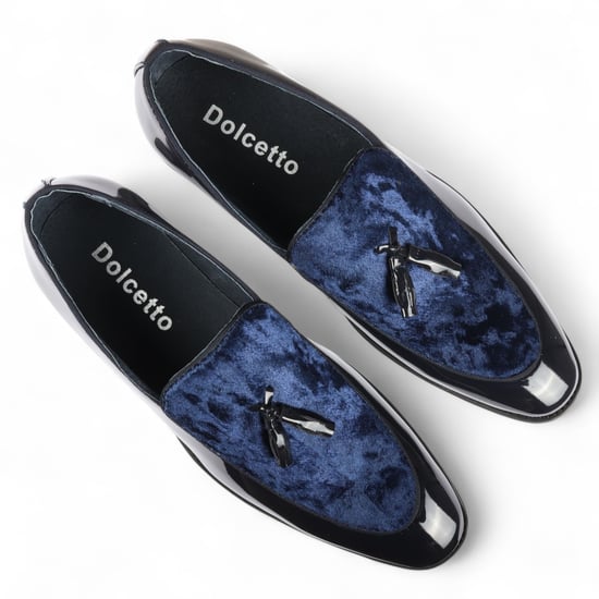 Marinblå loafers med tofsar för män, formella lackskor - Image 6