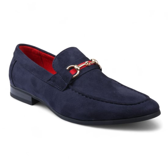 Marinblå mockaloafers med guldfärgat spänne för män, slip-on, finskor - Image 3