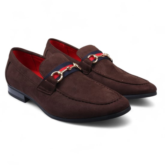 Men's Brown Suede Loafers with Gold Buckle Slip-On Dress Shoes - Image 2