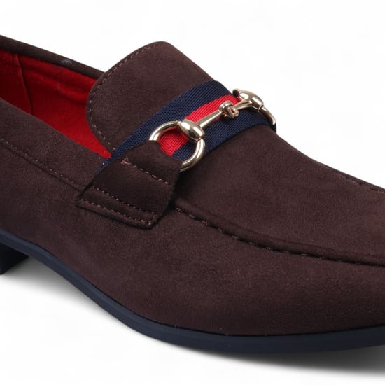 Men's Brown Suede Loafers with Gold Buckle Slip-On Dress Shoes - Image 3