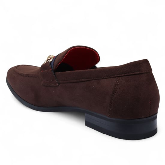 Men's Brown Suede Loafers with Gold Buckle Slip-On Dress Shoes - Image 4