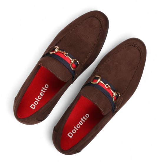 Men's Brown Suede Loafers with Gold Buckle Slip-On Dress Shoes - Image 6