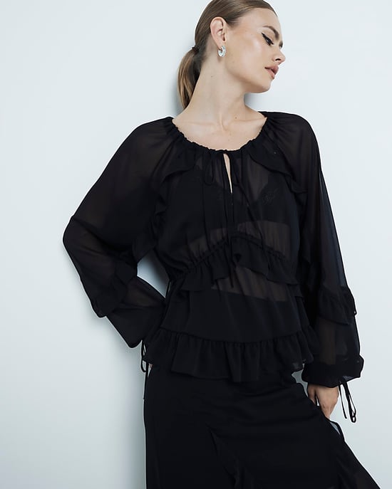 River Island Womens Blouse Black Chiffon Ruffled Tie Detail - Image 1
