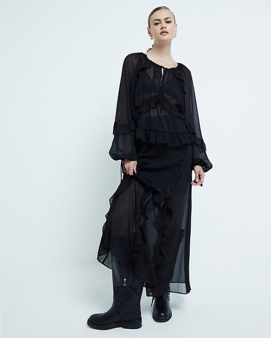 River Island Womens Blouse Black Chiffon Ruffled Tie Detail - Image 2
