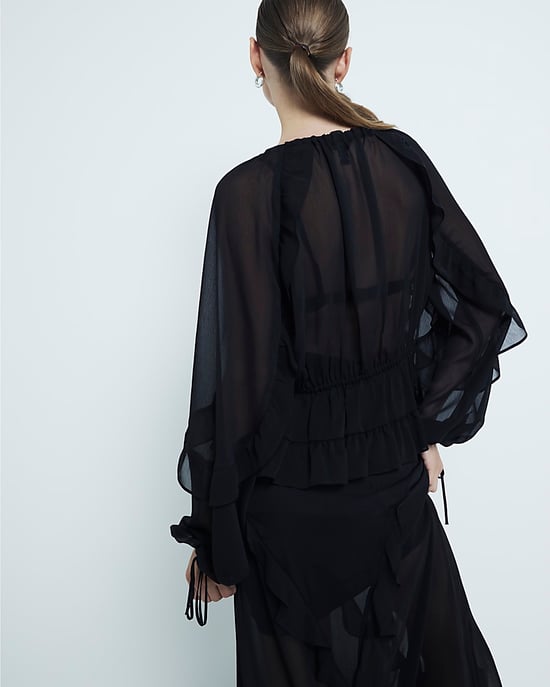 River Island Womens Blouse Black Chiffon Ruffled Tie Detail - Image 3