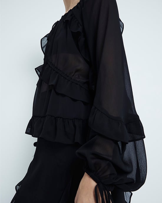 River Island Womens Blouse Black Chiffon Ruffled Tie Detail - Image 5