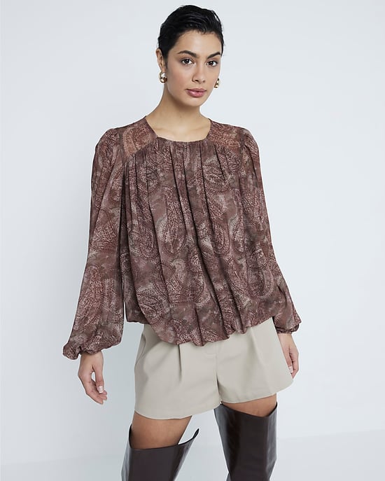 River Island Womens Blouse Brown Chiffon Paisley Bubble Hem - Image 1