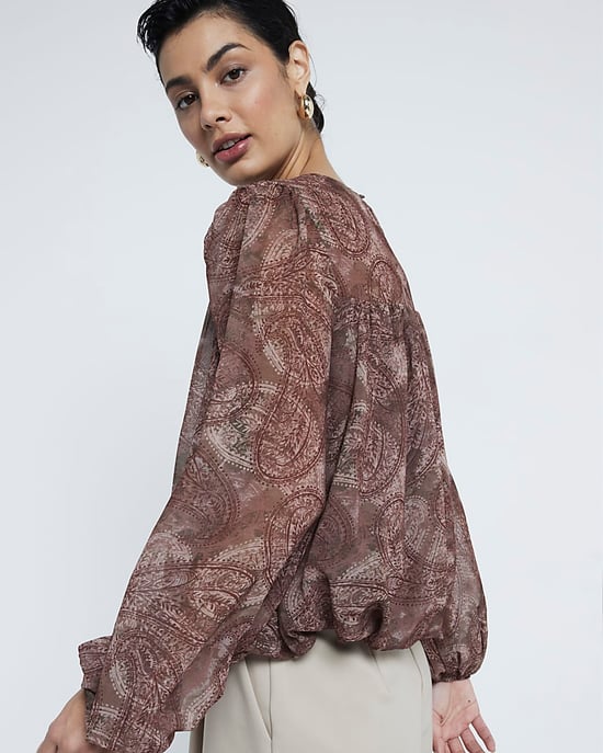 River Island Womens Blouse Brown Chiffon Paisley Bubble Hem - Image 3