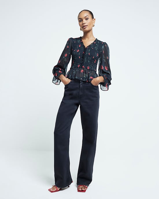River Island Womens Top Black Floral Printed Shirred - Image 1