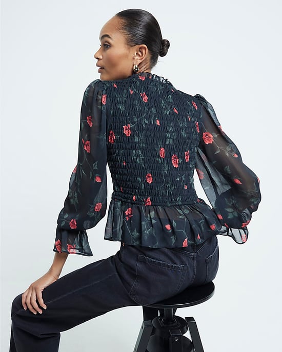 River Island Womens Top Black Floral Printed Shirred - Image 2