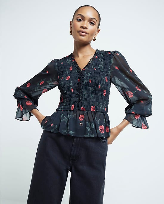 River Island Womens Top Black Floral Printed Shirred - Image 5