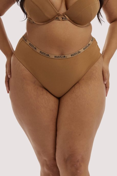 Hustler Hustler Branded Ribbed High Waist Thong Caramel - Image 1