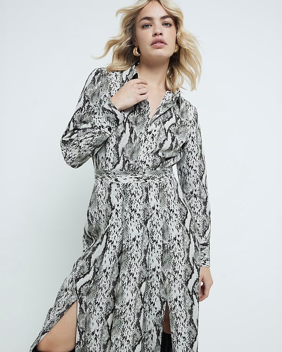 River Island Womens Midi Shirt Dress Grey Long Sleeve Snake Print - Image 5