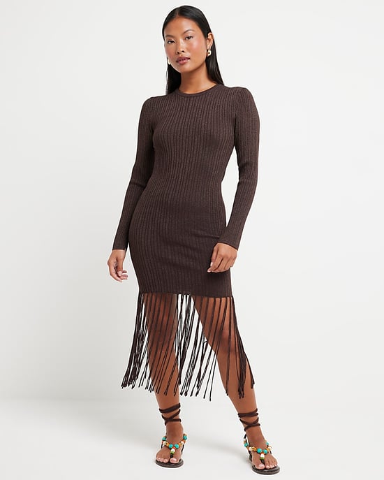 River Island Womens Midi Dress Petite Brown Metallic Fringe - Image 1